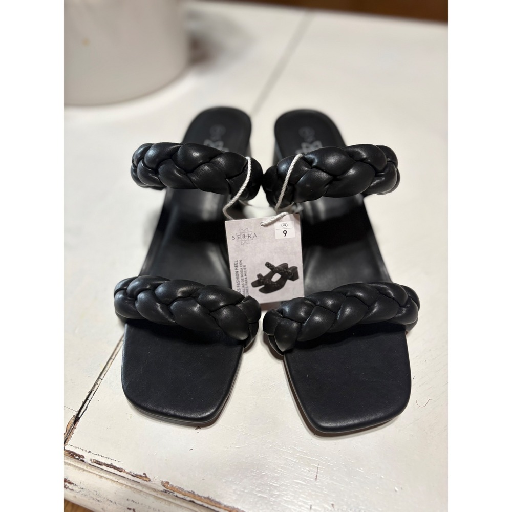 Serra Ladies Fashion Heel Black Braided Double Strap Square Toe Block Mule